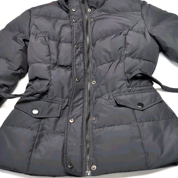 GARNET HILL Puffer Jacket Womens Size 4 S Black Down Feather Hip Length Belted - Picture 6 of 16